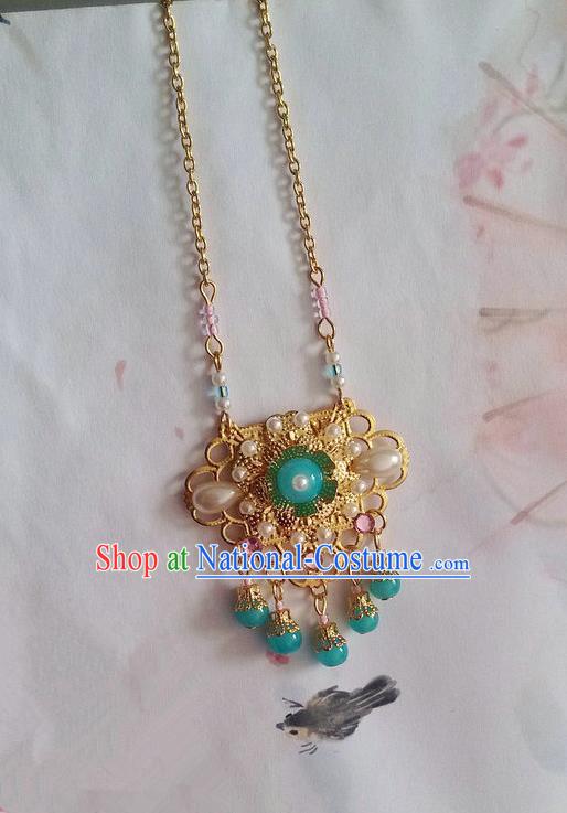 Traditional Handmade Chinese Ancient Classical Accessories Necklace Light Blue Pearl Longevity Lock for Women