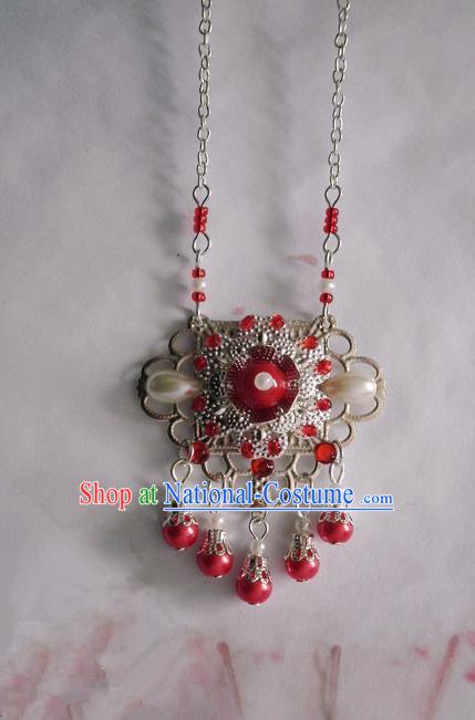 Traditional Handmade Chinese Ancient Classical Accessories Necklace Red Pearl Longevity Lock for Women