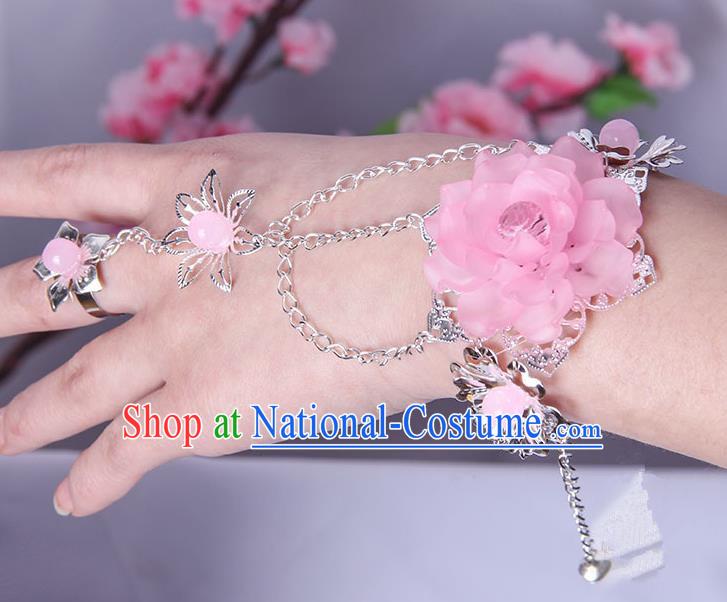 Traditional Handmade Chinese Ancient Princess Classical Accessories Jewellery Pink Flowers Bracelets Chain Bracelet with Ring for Women