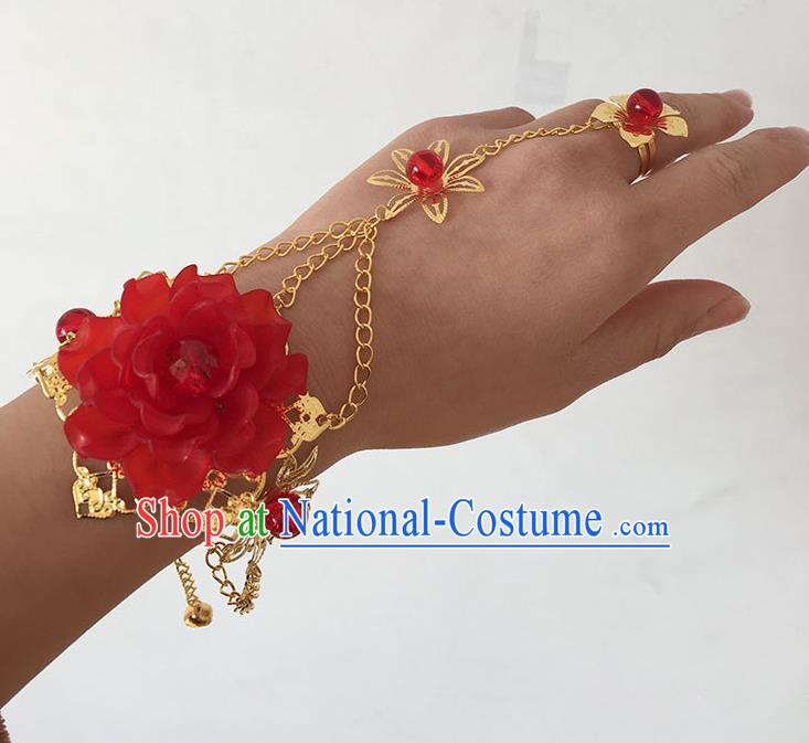 Traditional Handmade Chinese Ancient Princess Classical Accessories Jewellery Red Flowers Bracelets Chain Bracelet with Ring for Women