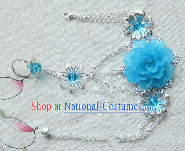 Traditional Handmade Chinese Ancient Princess Classical Accessories Jewellery Blue Flowers Bracelets Chain Bracelet with Ring for Women