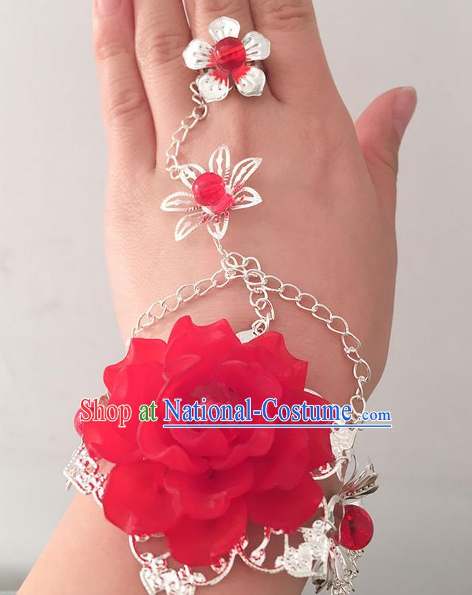 Traditional Handmade Chinese Ancient Princess Classical Accessories Jewellery Red Flowers Bracelets Chain Bracelet with Ring for Women