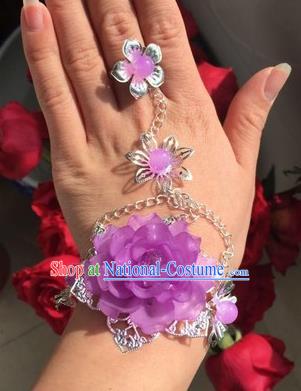 Traditional Handmade Chinese Ancient Princess Classical Accessories Jewellery Purple Flowers Bracelets Chain Bracelet with Ring for Women