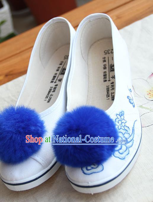 Traditional Handmade Ancient Chinese Han Dynasty Imperial Princess Freehand Sketching Blue Hair Bulb Shoes for Women