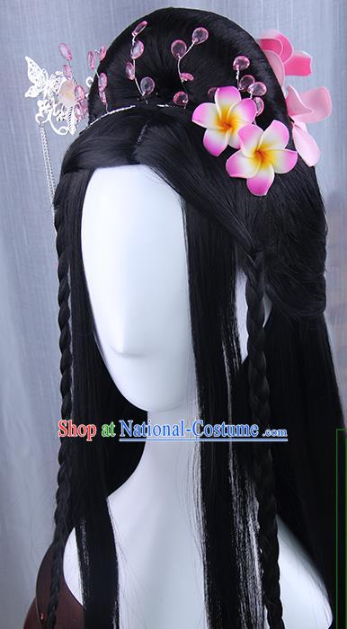 Traditional Handmade Ancient Chinese Tang Dynasty Imperial Empress Hair Decoration and Wig Complete Set, Ancient Chinese Cosplay Fairy Queen Flowers Hairpin and Wig for Women