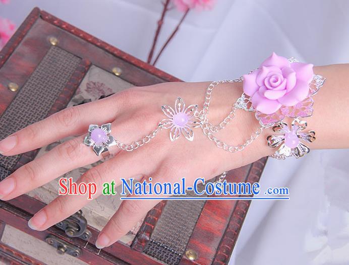 Traditional Handmade Chinese Ancient Princess Classical Hanfu Accessories Jewellery Pink Flower Bracelet and Ring Chain for Women