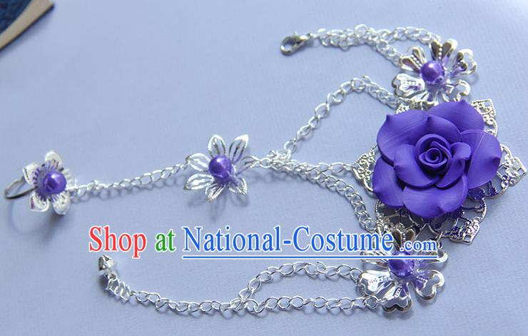 Traditional Handmade Chinese Ancient Princess Classical Hanfu Accessories Jewellery Purple Flower Bracelet and Ring Chain for Women