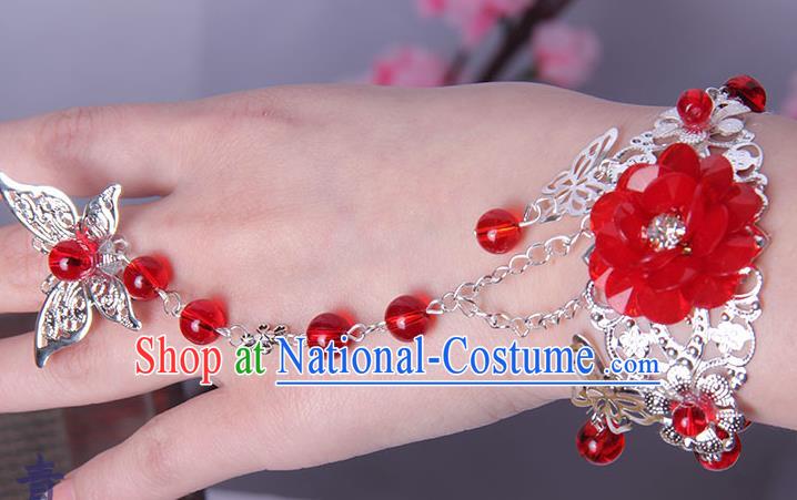 Traditional Handmade Chinese Ancient Princess Classical Hanfu Accessories Jewellery Red Flower Butterfly Bracelet and Ring Chain for Women