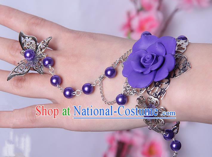 Traditional Handmade Chinese Ancient Princess Classical Hanfu Accessories Jewellery Purple Flower Butterfly Bracelet and Ring Chain for Women