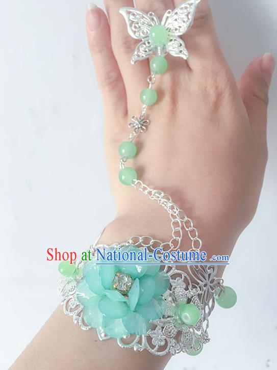 Traditional Handmade Chinese Ancient Princess Classical Hanfu Accessories Jewellery Blue Flower Butterfly Bracelet and Ring Chain for Women