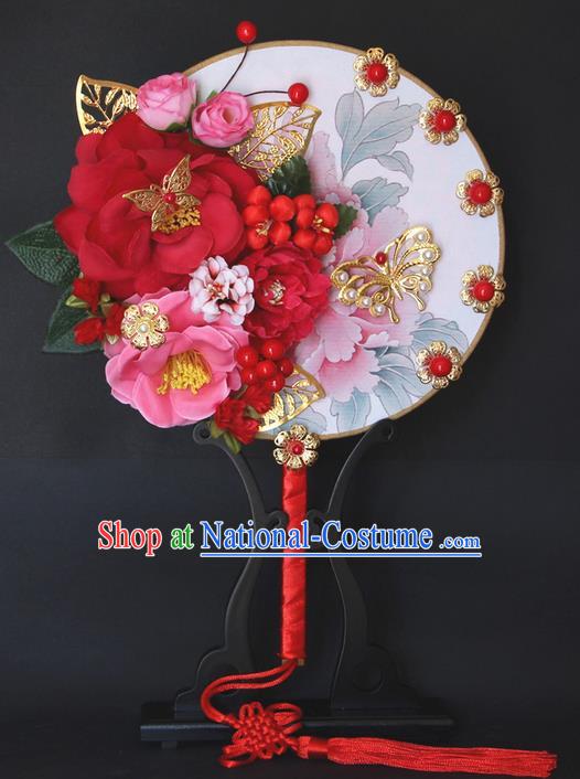 Traditional Handmade Chinese Ancient Classical Wedding Accessories Decoration, Bride Wedding Flowers Round Fan, Hanfu Xiuhe Suit Palace Red Fan for Women