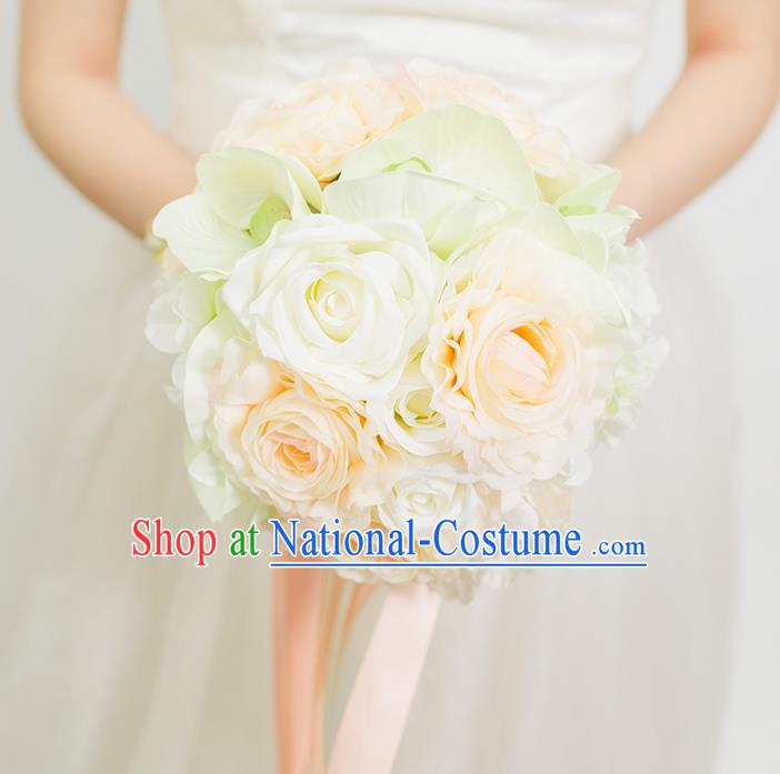 Top Grade Classical Wedding Silk Flowers Champagne Flowers Ball, Bride Holding Emulational Flowers, Hand Tied Bouquet Flowers for Women