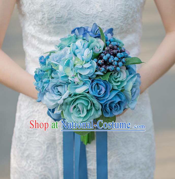 Top Grade Classical Wedding Silk Flowers Powderblue Flowers Ball, Bride Holding Emulational Flowers, Hand Tied Bouquet Flowers for Women