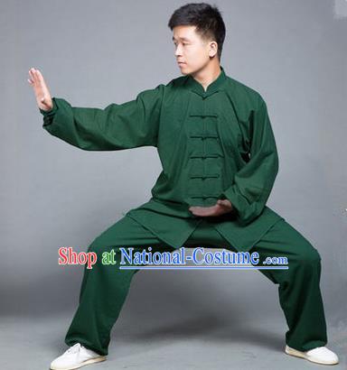 Traditional Chinese Top Flax Kung Fu Costume Martial Arts Kung Fu Training Green Uniform, Tang Suit Gongfu Shaolin Wushu Clothing, Tai Chi Taiji Teacher Suits Uniforms for Men