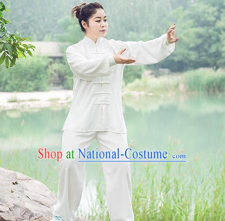 Traditional Chinese Top Linen Kung Fu Costume Martial Arts Kung Fu Training White Uniform, Tang Suit Gongfu Shaolin Wushu Clothing, Tai Chi Taiji Teacher Suits Uniforms for Women