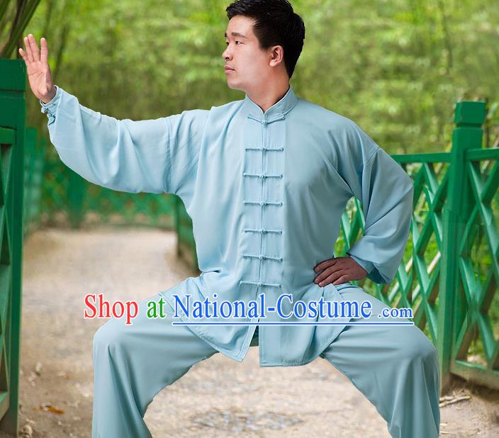 Traditional Chinese Top Silk Cotton Kung Fu Costume Martial Arts Kung Fu Training Long Sleeve Blue Uniform, Tang Suit Gongfu Shaolin Wushu Clothing, Tai Chi Taiji Teacher Suits Uniforms for Men