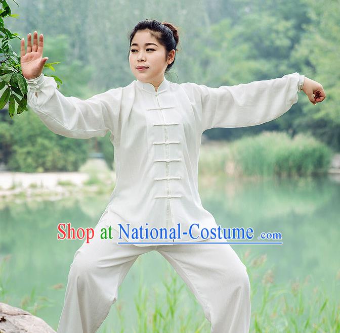 Traditional Chinese Top Silk Cotton Kung Fu Costume Martial Arts Kung Fu Training Long Sleeve White Uniform, Tang Suit Gongfu Shaolin Wushu Clothing, Tai Chi Taiji Teacher Suits Uniforms for Women