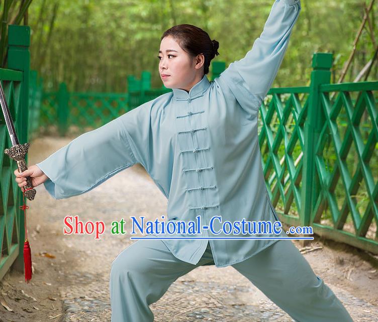 Traditional Chinese Top Silk Cotton Kung Fu Costume Martial Arts Kung Fu Training Long Sleeve Blue Uniform, Tang Suit Gongfu Shaolin Wushu Clothing, Tai Chi Taiji Teacher Suits Uniforms for Women