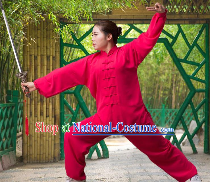 Traditional Chinese Top Silk Cotton Kung Fu Costume Martial Arts Kung Fu Training Long Sleeve Red Uniform, Tang Suit Gongfu Shaolin Wushu Clothing, Tai Chi Taiji Teacher Suits Uniforms for Women