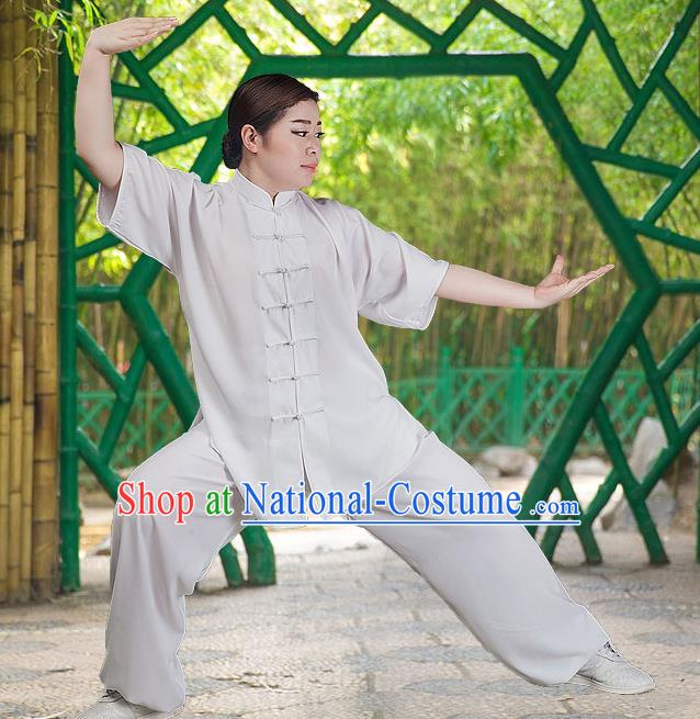 Traditional Chinese Top Silk Cotton Kung Fu Costume Martial Arts Kung Fu Training Short Sleeve White Uniform, Tang Suit Gongfu Shaolin Wushu Clothing, Tai Chi Taiji Teacher Suits Uniforms for Women