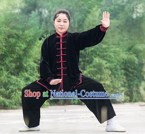 Traditional Chinese Top Pleuche Kung Fu Costume Martial Arts Kung Fu Training Black Plated Buttons Uniform, Tang Suit Gongfu Shaolin Wushu Clothing, Tai Chi Taiji Teacher Suits Uniforms for Women