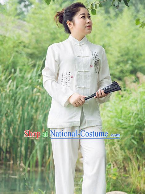 Traditional Chinese Top Linen Kung Fu Costume Martial Arts Kung Fu Training Long Sleeve Plated Buttons White Uniform, Tang Suit Gongfu Shaolin Wushu Clothing, Tai Chi Taiji Teacher Suits Uniforms for Women