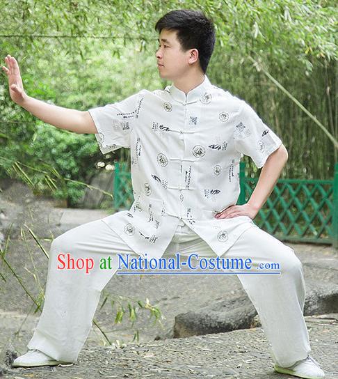 Traditional Chinese Top Linen Kung Fu Costume Martial Arts Kung Fu Training Short Sleeve Plated Buttons White Printing Fortune Uniform, Tang Suit Gongfu Shaolin Wushu Clothing, Tai Chi Taiji Teacher Suits Uniforms for Men