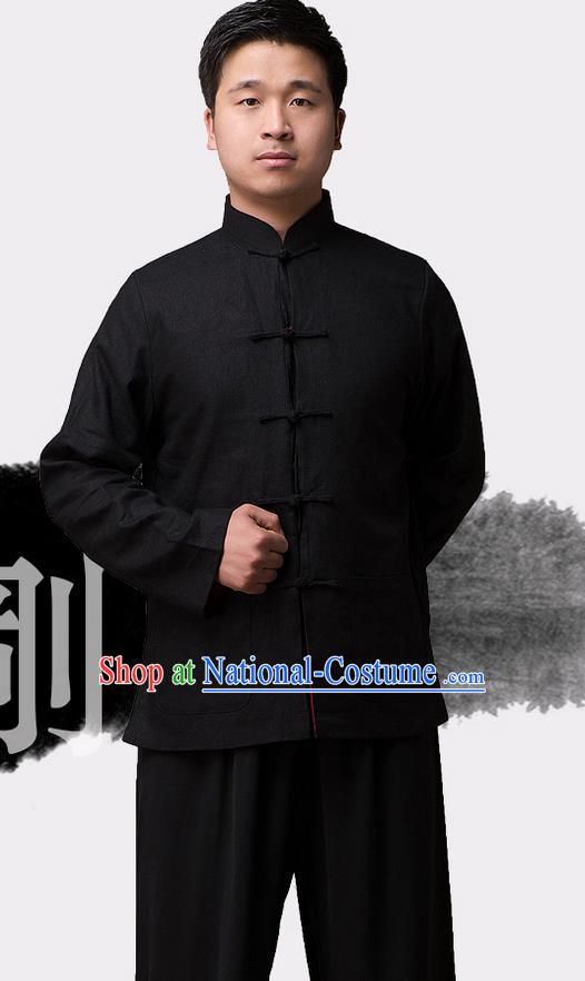 Traditional Chinese Top Linen Kung Fu Costume Martial Arts Kung Fu Training Plated Buttons Black Blouse, Tang Suit Gongfu Shaolin Wushu Clothing, Tai Chi Taiji Teacher Coat for Men