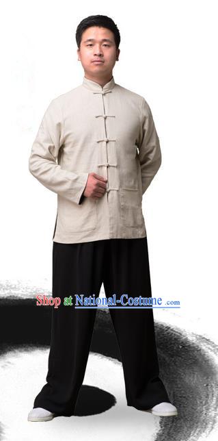 Traditional Chinese Top Linen Kung Fu Costume Martial Arts Kung Fu Training Plated Buttons White Blouse, Tang Suit Gongfu Shaolin Wushu Clothing, Tai Chi Taiji Teacher Coat for Men