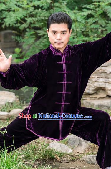 Traditional Chinese Top Pleuche Kung Fu Costume Martial Arts Kung Fu Training Purple Plated Buttons Uniform, Tang Suit Gongfu Shaolin Wushu Clothing, Tai Chi Taiji Teacher Suits Uniforms for Men