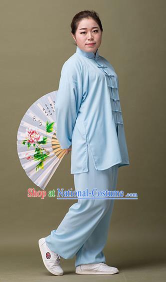 Traditional Chinese Top Silk Cotton Kung Fu Costume Martial Arts Kung Fu Training Plated Buttons Blue Uniform, Tang Suit Gongfu Shaolin Wushu Clothing, Tai Chi Taiji Teacher Suits Uniforms for Women