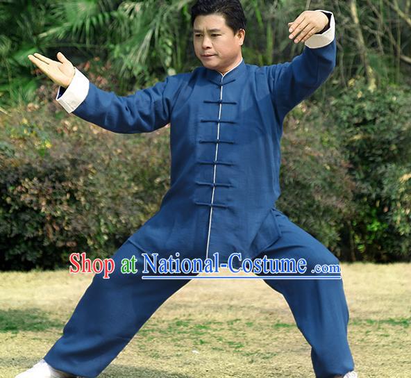 Traditional Chinese Top Linen Kung Fu Costume Martial Arts Kung Fu Training Roll Sleeve Blue Uniform, Tang Suit Gongfu Shaolin Wushu Clothing, Tai Chi Taiji Teacher Suits Uniforms for Men