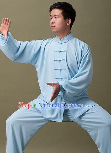 Traditional Chinese Top Silk Cotton Kung Fu Costume Martial Arts Kung Fu Training Plated Buttons Blue Uniform, Tang Suit Gongfu Shaolin Wushu Clothing, Tai Chi Taiji Teacher Suits Uniforms for Men