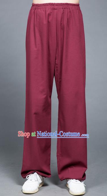 Traditional Chinese Top Linen Kung Fu Costume Martial Arts Kung Fu Training Purplish Red Pants, Tang Suit Gongfu Shaolin Wushu Plus Fours, Tai Chi Taiji Teacher Trousers for Women for Men