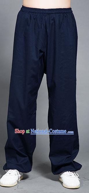 Traditional Chinese Top Linen Kung Fu Costume Martial Arts Kung Fu Training Navy Pants, Tang Suit Gongfu Shaolin Wushu Plus Fours, Tai Chi Taiji Teacher Trousers for Women for Men