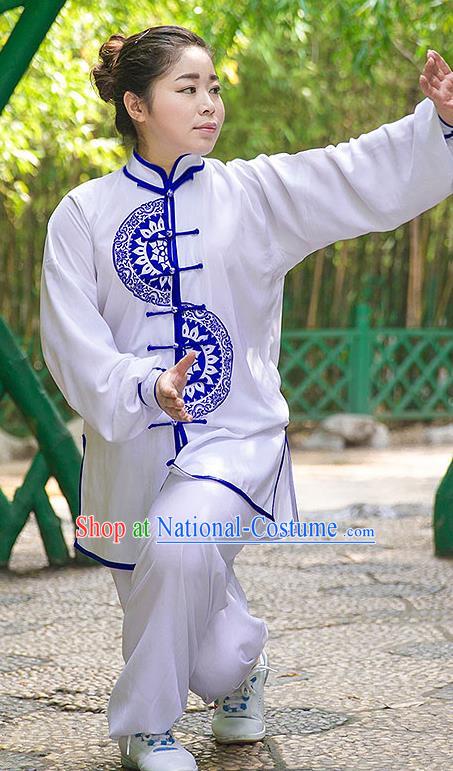 Traditional Chinese Top Silk Cotton Kung Fu Costume Martial Arts Kung Fu Training Plated Buttons Blue and White Uniform, Tang Suit Gongfu Shaolin Wushu Clothing, Tai Chi Taiji Teacher Suits Uniforms for Women