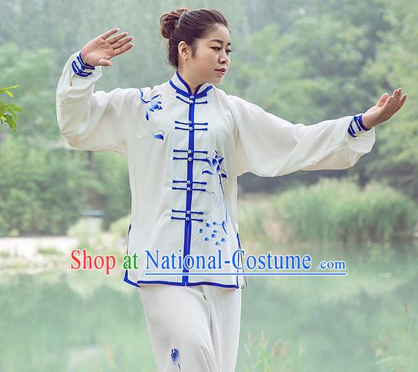 Traditional Chinese Top Gastrodia Kung Fu Costume Martial Arts Kung Fu Training Plated Buttons Blue and White Lotus Uniform, Tang Suit Gongfu Shaolin Wushu Clothing, Tai Chi Taiji Teacher Suits Uniforms for Women