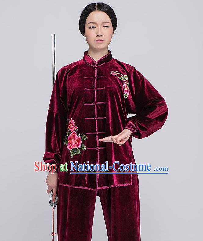 Traditional Chinese Top South Korea Velvet Kung Fu Costume Martial Arts Kung Fu Training Red Embroidered Uniform, Tang Suit Gongfu Shaolin Wushu Clothing, Tai Chi Taiji Teacher Suits Uniforms for Women