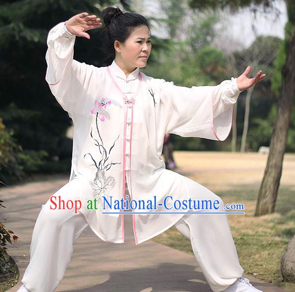 Traditional Chinese Top Chiffon Kung Fu Costume Martial Arts Kung Fu Training Printing Lotus Marble Uniform, Tang Suit Gongfu Shaolin Wushu Clothing, Tai Chi Taiji Teacher Suits Uniforms for Women