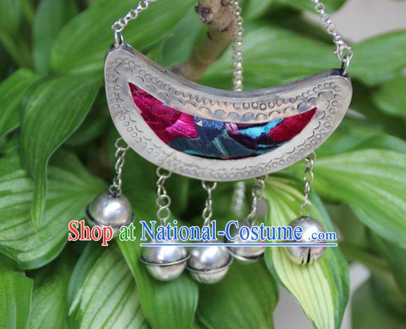 Traditional Chinese Miao Nationality Crafts, Hmong Handmade Silver Embroidery Jewelry Bell Pendant, Black Rope Necklace Pendant for Women