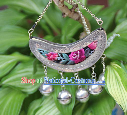 Traditional Chinese Miao Nationality Crafts, Hmong Handmade Silver Embroidery Bell Pendant, Black Rope Necklace Pendant for Women