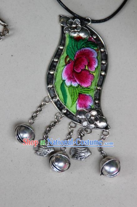 Traditional Chinese Miao Nationality Crafts, Hmong Handmade Silver Embroidery Bell Pendant, Black Rope Necklace Bell Pendant for Women