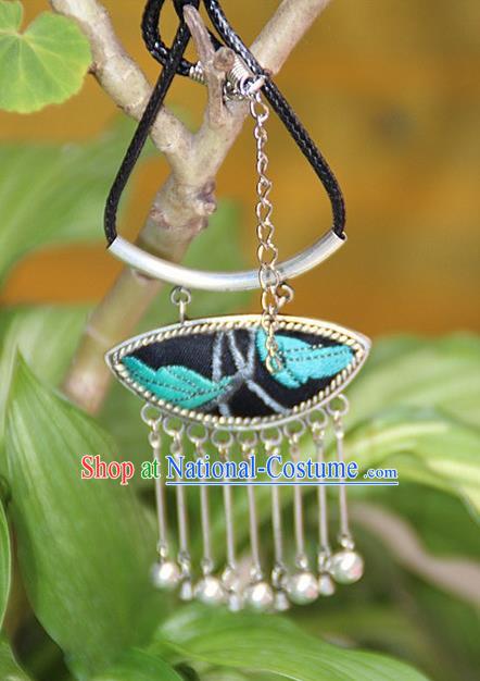 Traditional Chinese Miao Nationality Crafts, Hmong Handmade Silver Blue Embroidery Pendant, Black Rope Necklace Bells Pendant for Women