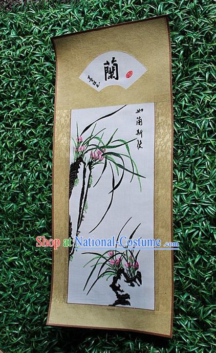 Traditional Chinese Miao Nationality Minority Crafts Hmong Xiangxi Embroidery Decorative Paintings, Embroidery Orchid Scroll Painting for Friends