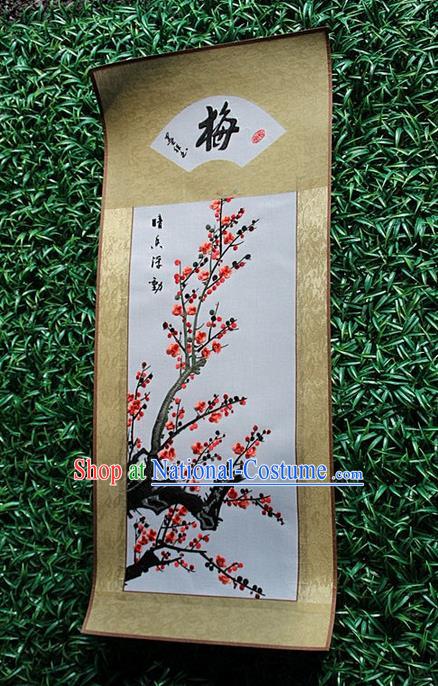 Traditional Chinese Miao Nationality Minority Crafts Hmong Xiangxi Embroidery Decorative Paintings, Embroidery Plum Blossom Scroll Painting for Friends