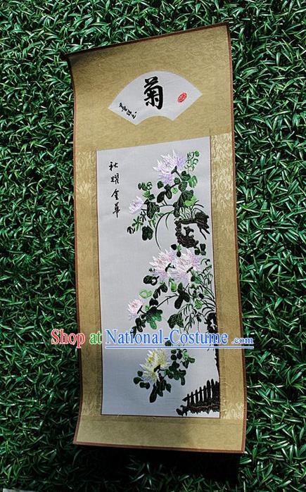 Traditional Chinese Miao Nationality Minority Crafts Hmong Xiangxi Embroidery Decorative Paintings, Embroidery Chrysanthemum Scroll Painting for Friends