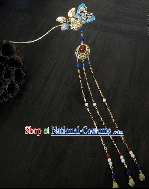 Traditional Handmade Chinese Ancient Classical Hair Accessories Barrettes Butterfly Hairpin, Imperial Emperess Tassel Headdress Blueing Hair Jewellery, Hair Fascinators Hairpins for Women