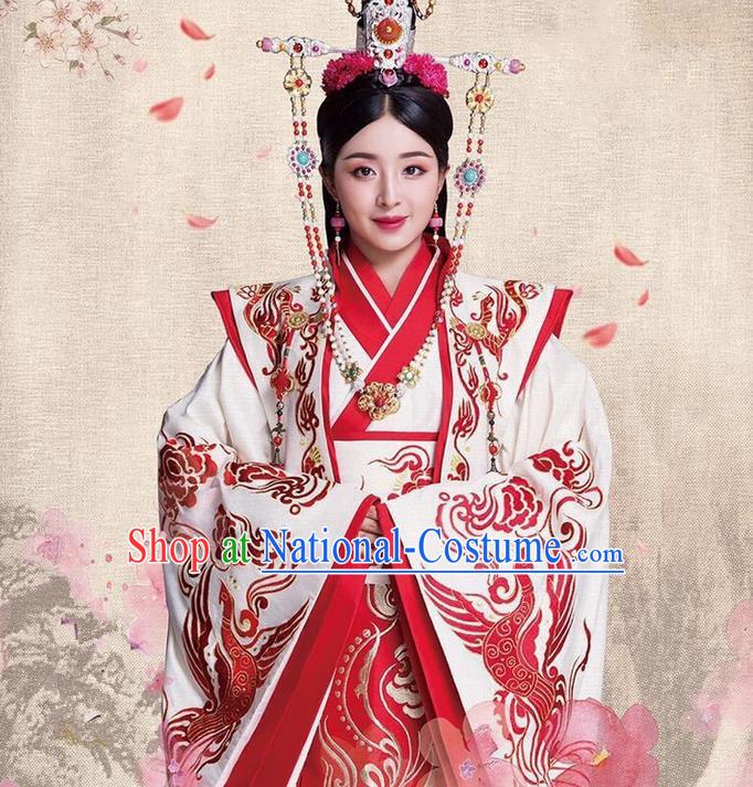 Traditional Ancient Chinese Imperial Emperess Costume, Chinese Han Dynasty Young Lady Wedding Dress, Cosplay Chinese Emperess Embroidered Clothing Phoenix Hanfu for Women