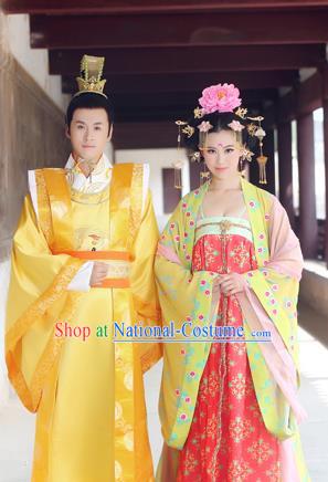 Traditional Ancient Chinese Imperial Emperess and Emperor Costume Complete Set, Chinese Tang Dynasty Emperess Wedding Dress, Chinese Emperess Emperor Embroidered Phoenix and Dragon Trailing Clothing for Women for Men