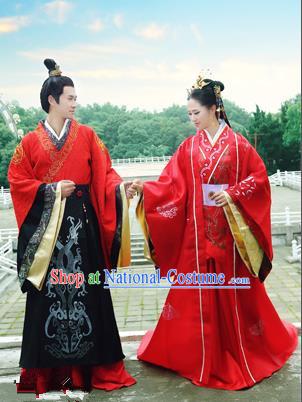 Traditional Ancient Chinese Imperial Emperess and Emperor Costume Complete Set, Chinese Han Dynasty Emperess Wedding Red Dress, Chinese Emperess Emperor Embroidered Phoenix and Dragon Trailing Clothing for Women for Men